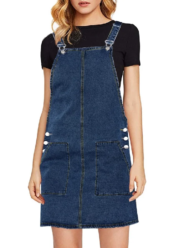 Dark Blue Side Pockets Overall Denim Pinafore Dress