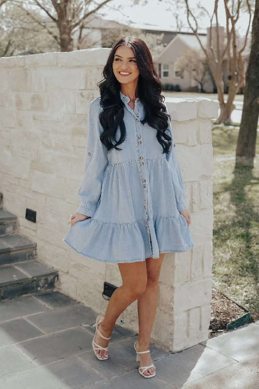 Button Down Tiered Denim Dress