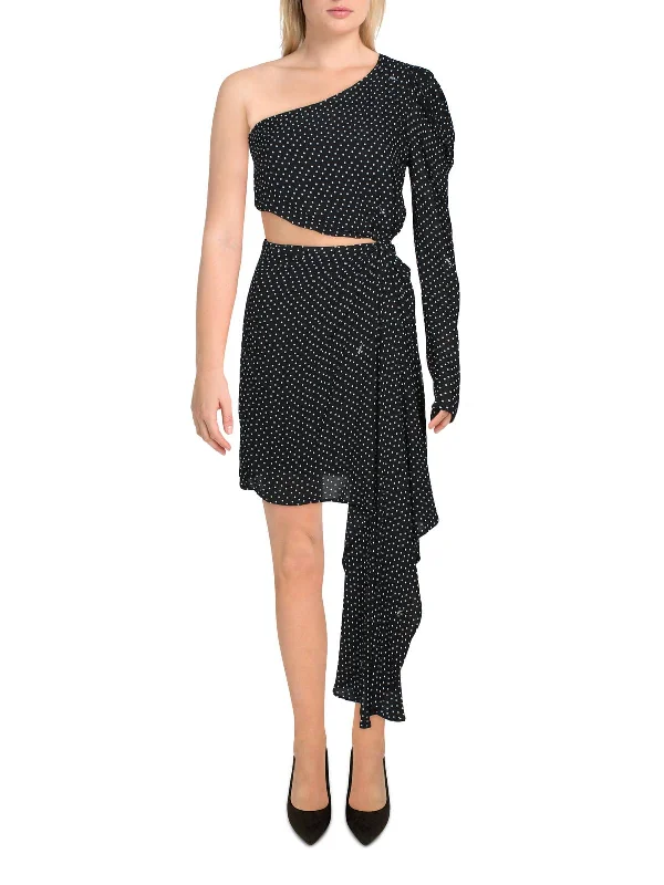 Womens Polka Dot One Shoulder Cocktail Dress