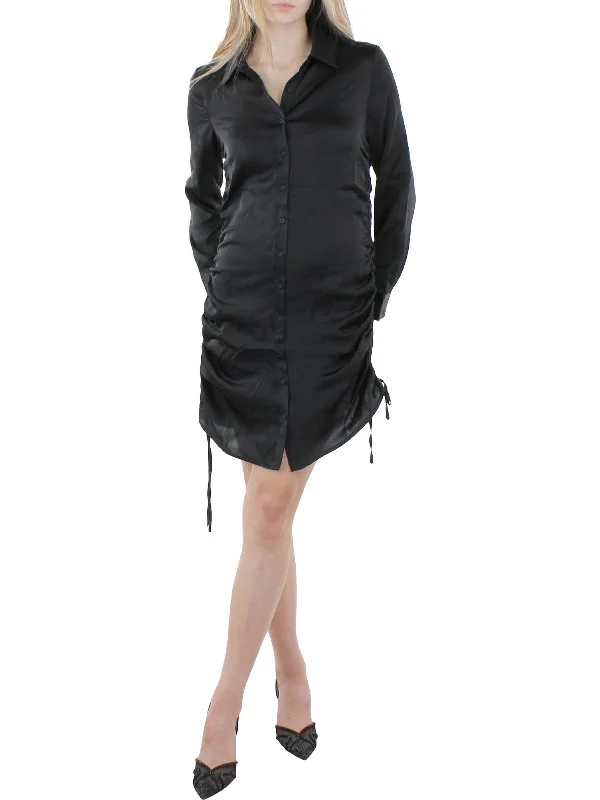 Womens Ruched Button Front Mini Dress