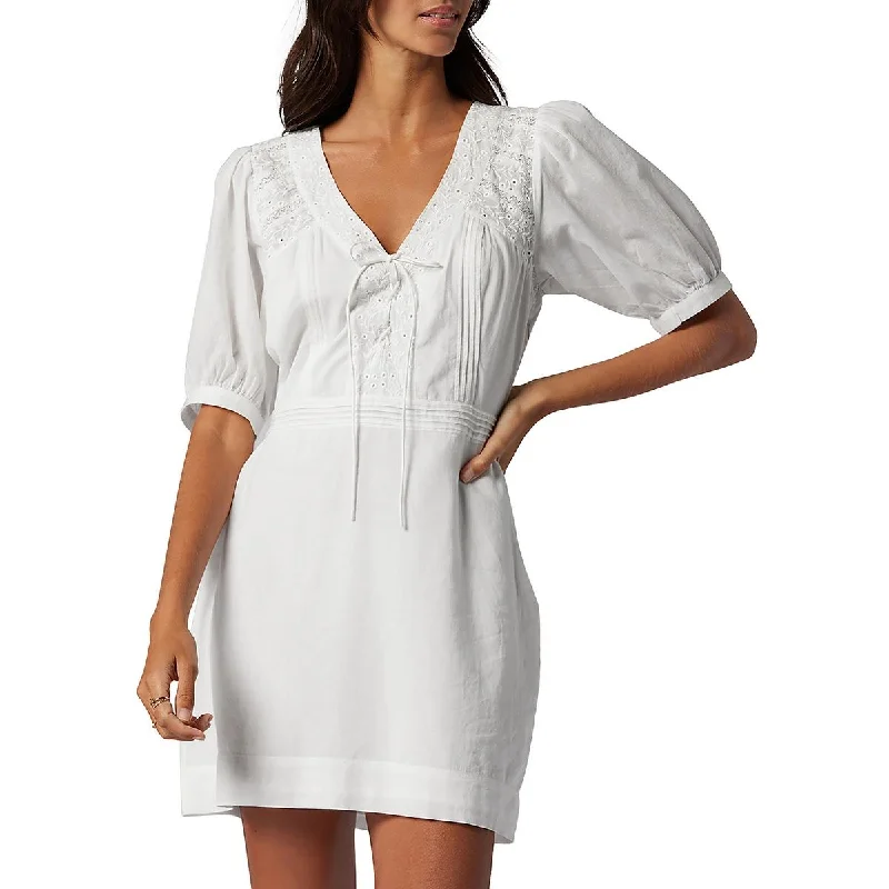 Womens Eyelet Puff Sleeve Mini Dress