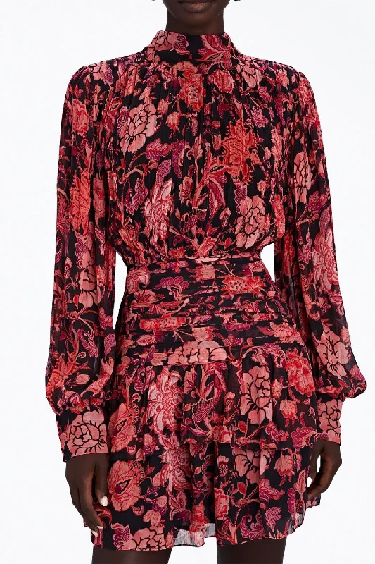 Ruched Floral-Print Georgette Mini Dress In Crimson Red