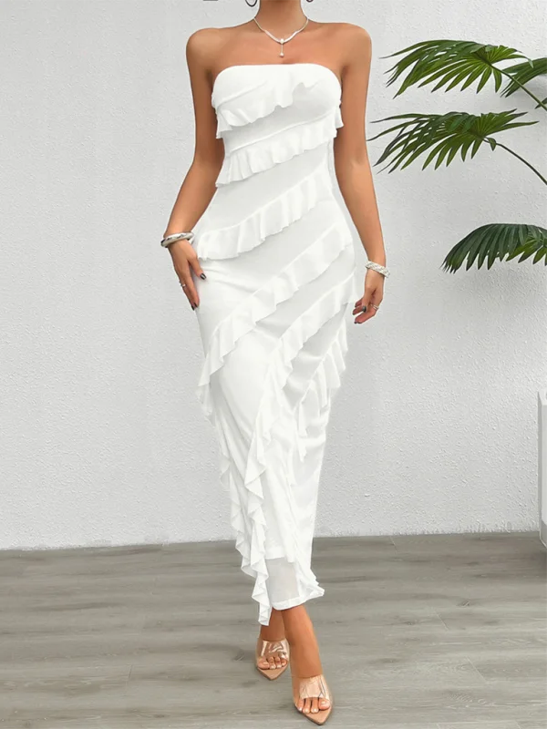 White ruffle slim fit tube top dress