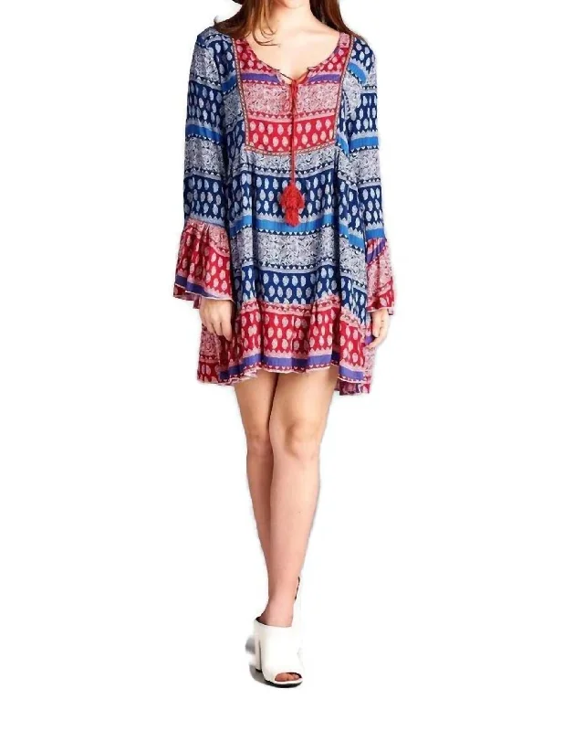 Tassel Tie Bell Sleeve Mini Dress In Blue Multi