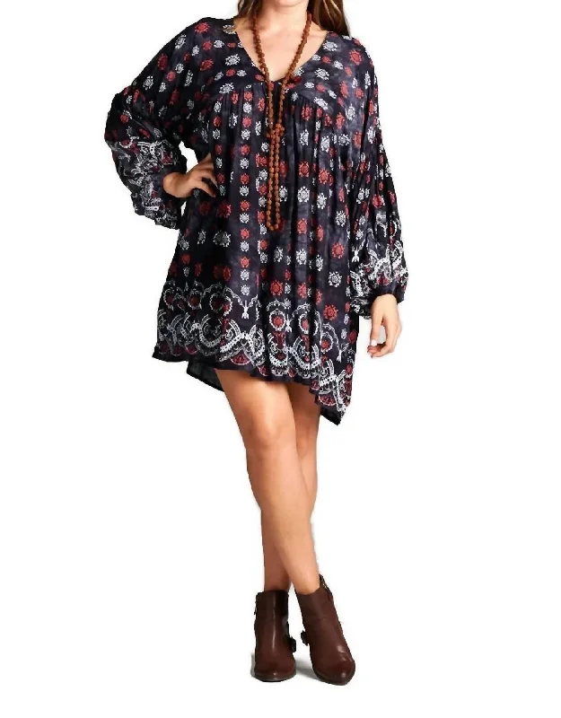 Baby Doll Bohemian Peasant Mini Dress In Black