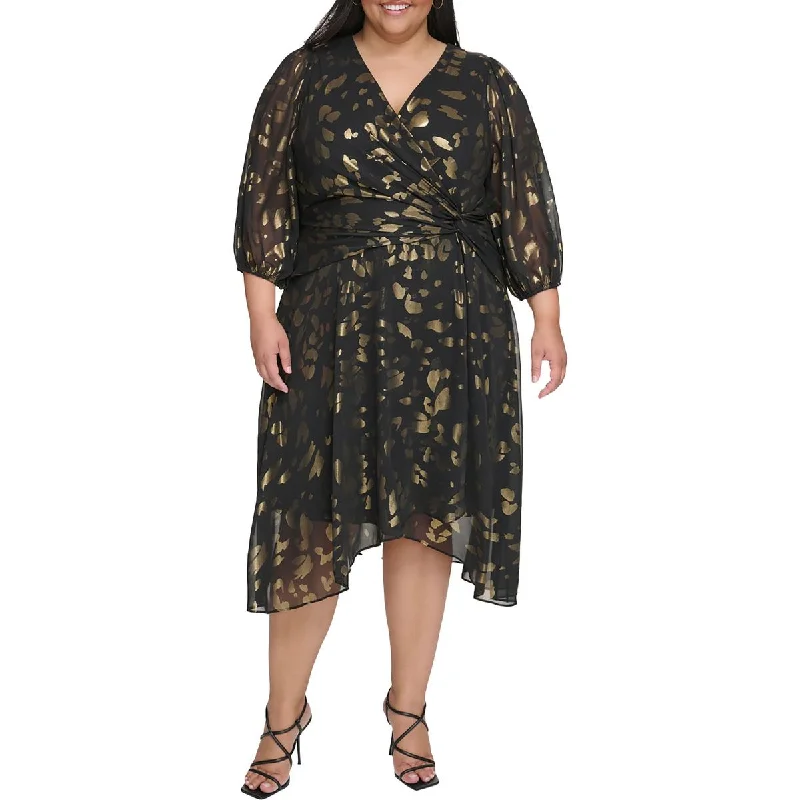 Plus Womens Metallic Faux Wrap Cocktail And Party Dress