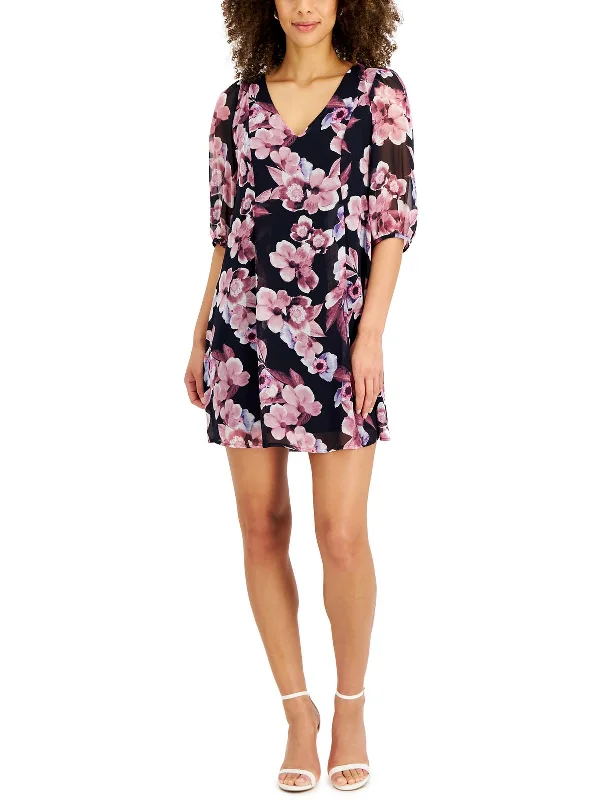 Petites Womens Floral Print Mini Fit & Flare Dress