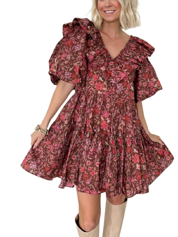 Autumn Bloom Floral Ruffle Mini Dress In Brown