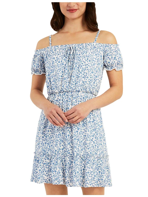 Juniors Womens Floral Off-The-Shoulder Fit & Flare Dress