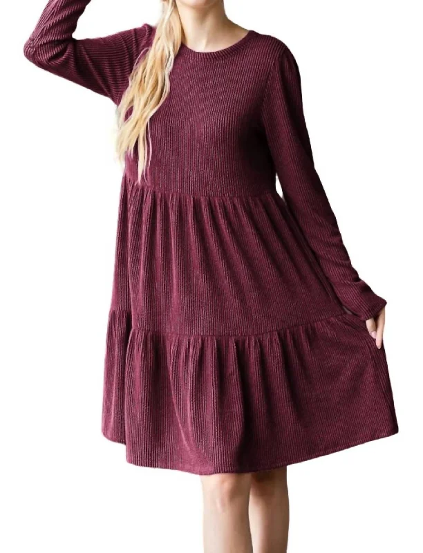 Solid Urban Ribbed Tiered Mini Dress In Burgundy