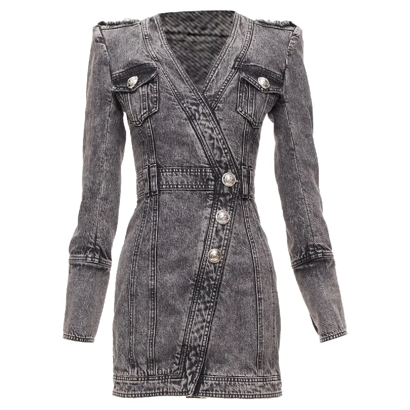 Balmain acid washed denim button embellished wrapped mini dress