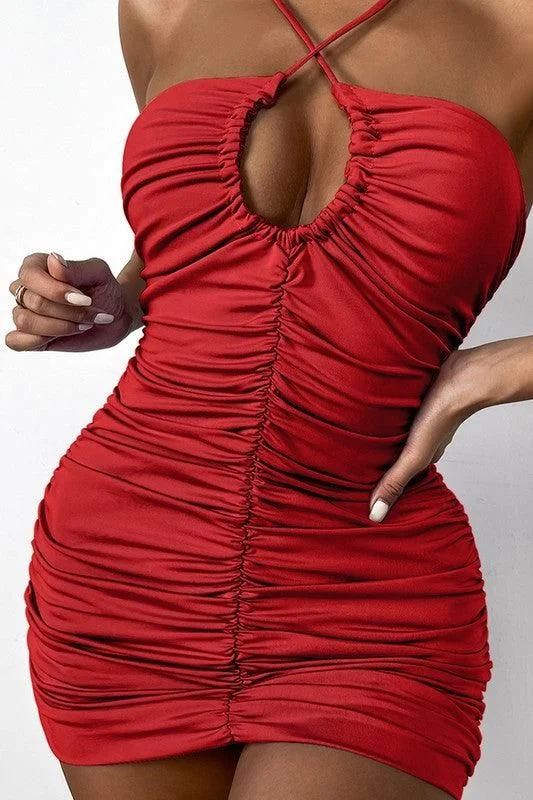 SEXY HALTER NECK RUCHED FRONT MINI DRESS