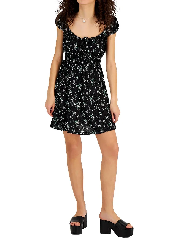 Juniors Womens Floral Short Mini Dress