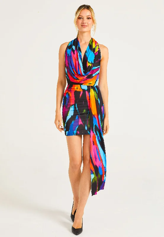 Cowl Neck Rainbow Mini Dress with Train