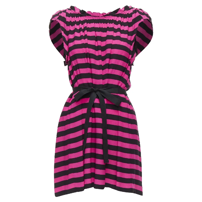 Prada Striped Pleated Drop Neck Ribbon Belt Mini Dress