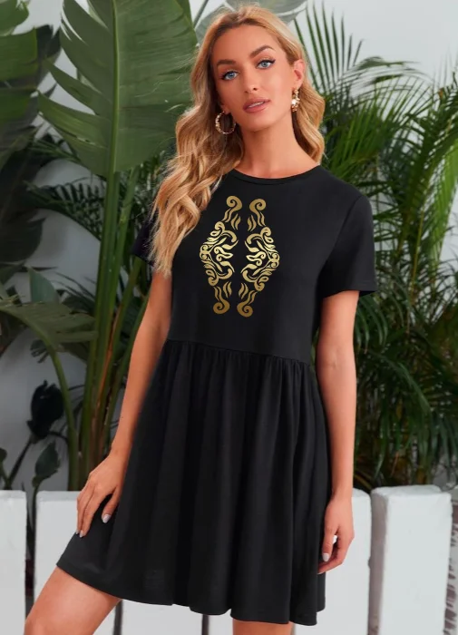 Black Yoke Printed Mini Dress