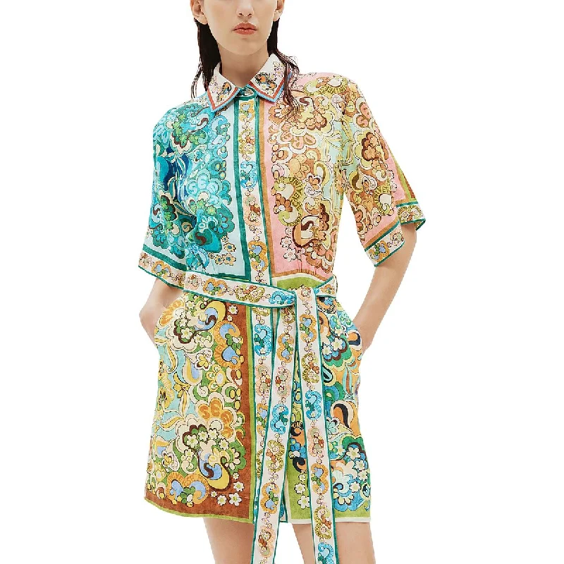 Womens Printed Elbow Sleeve Mini Dress