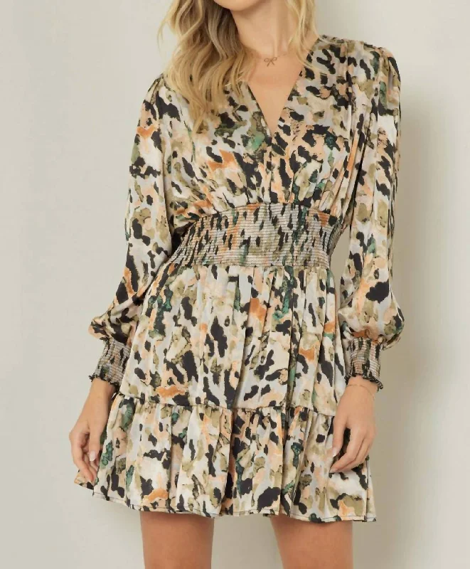 Satin Animal And Camouflage Print Short Dress In Mocha Rust