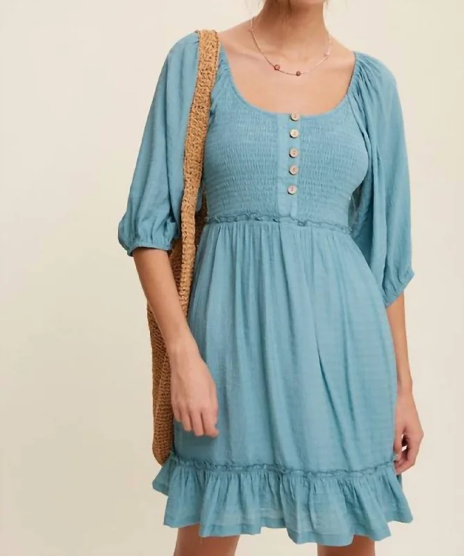 Smocked Ruffle Mini Dress In Aqua