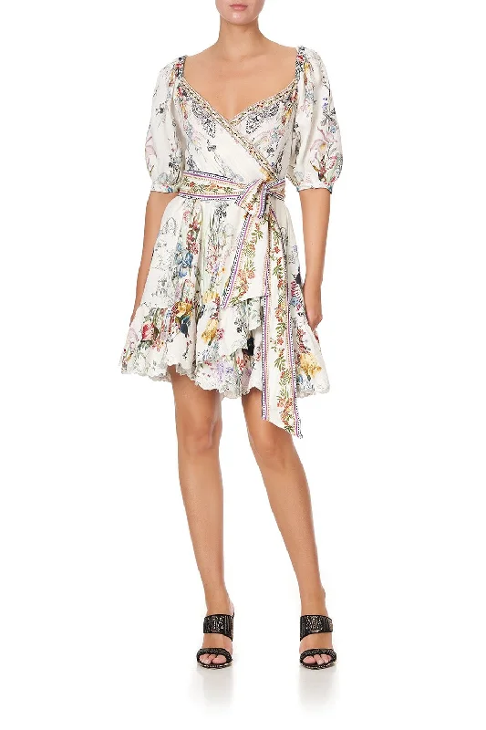 SHORT BLOUSON SLEEVE WRAP DRESS TRUE ROMANCE