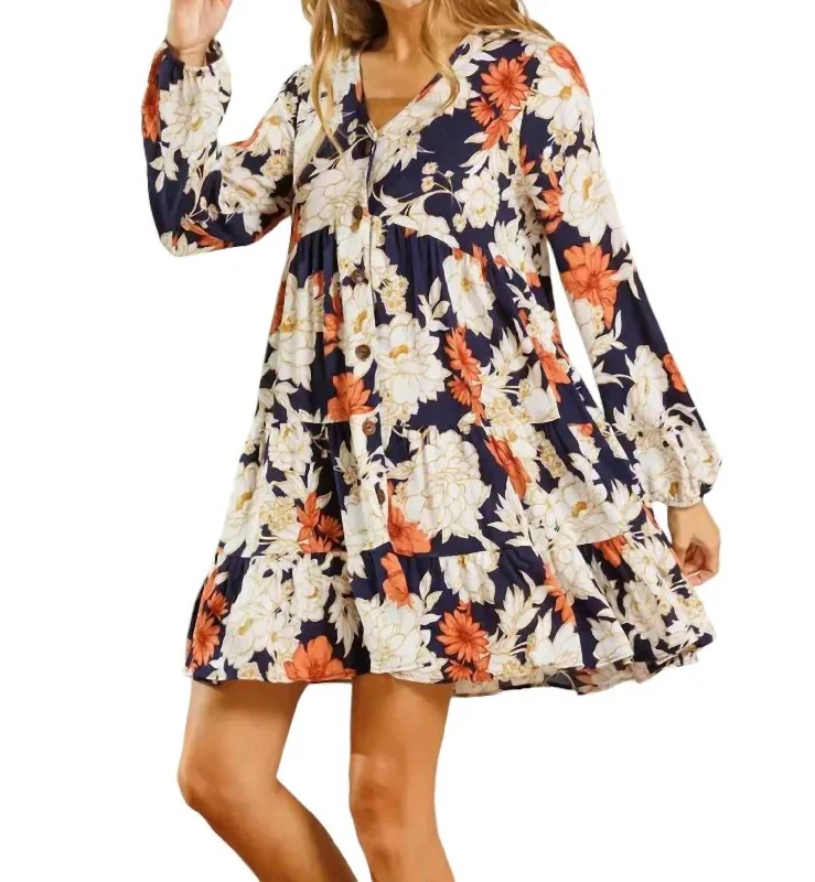 Floral V-Neck Mini Dress In Blue