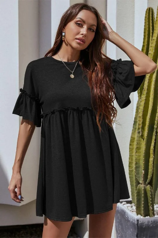 WOMEN SHIRRED CREWNECK MINI RUFFLE DRESS