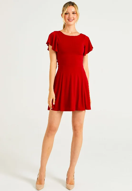 Reversible Mini Dress With Flutter Sleeves & Waist Tie In Red