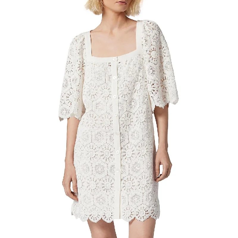 Womens Crochet Elbow Sleeve Mini Dress