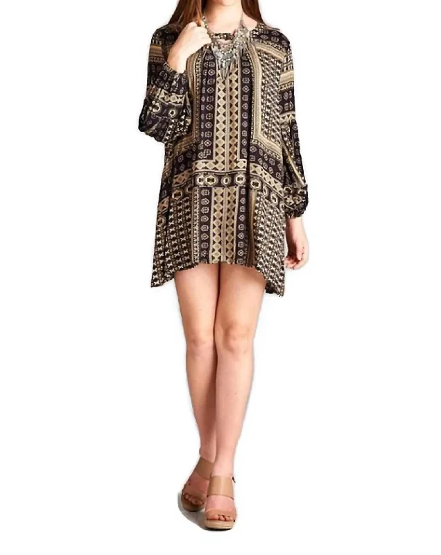 Bohemian Keyhole Mini Dress In Black/camel