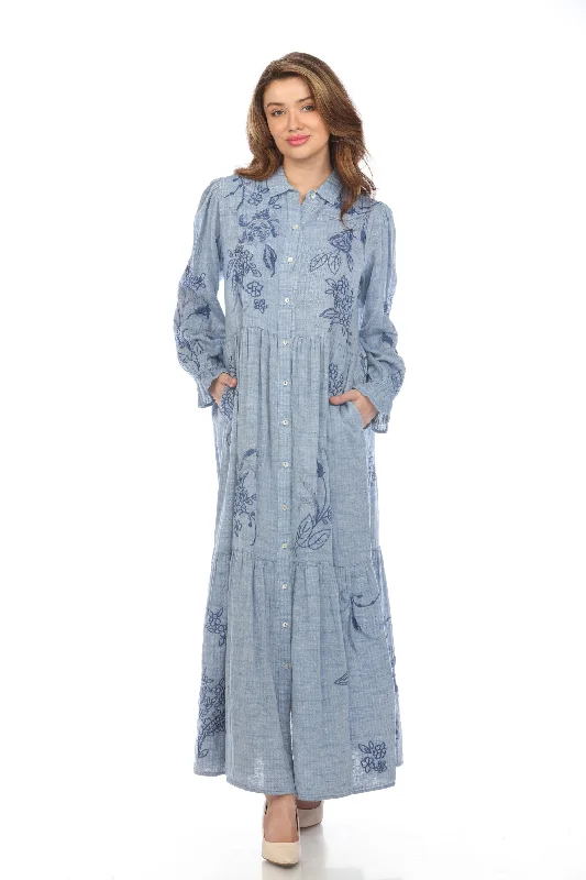 Johnny Was Workshop Denim Blue Embroidered Maxi Dress W38624 Boho Chic