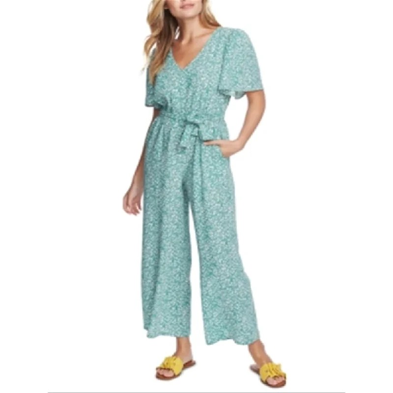 1.STATE Women's Flutter Sleeve Tie Belted Jumpsuit Green