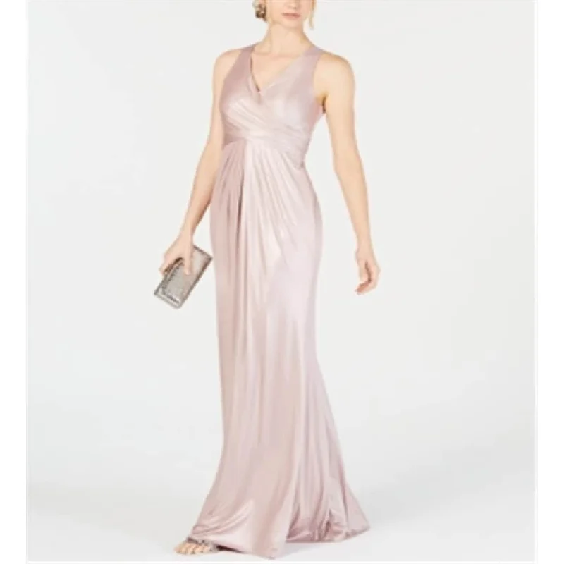 Adrianna Papell Women's Zippered Metallic Sleeveless V Neck Full Length Formal Mermaid Dress Pink Size 10