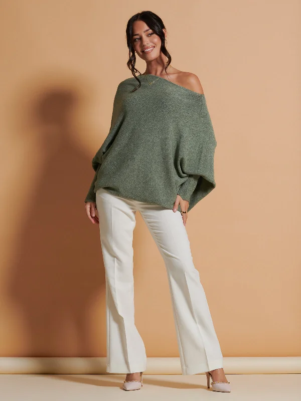 Made In Italy Asymmetric Draped Soft Knit Jumper, Khaki Green