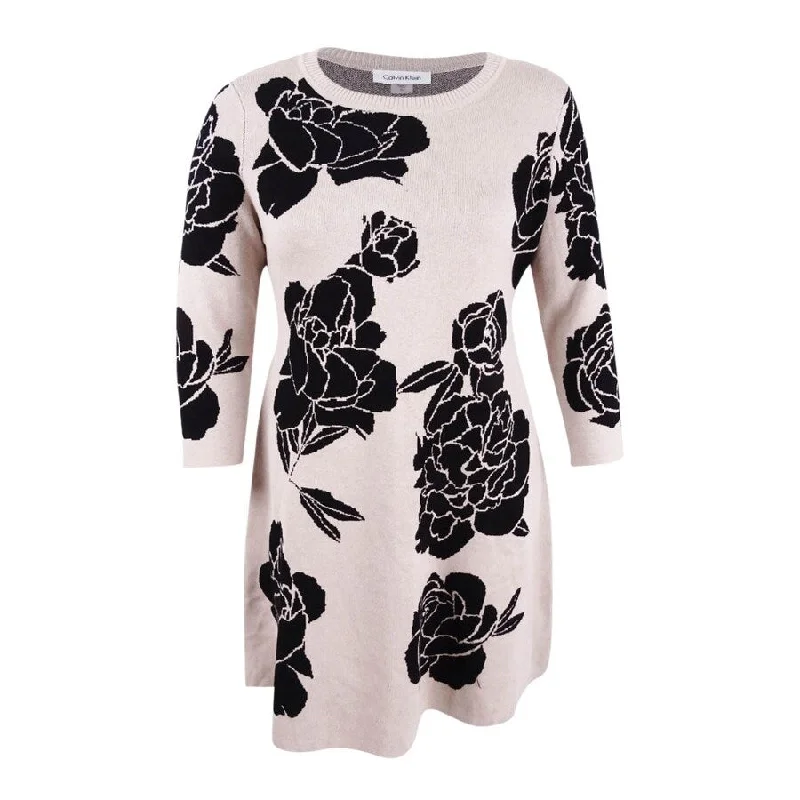 Calvin Klein Women's Floral-Print Fit & Flare Sweater Dress