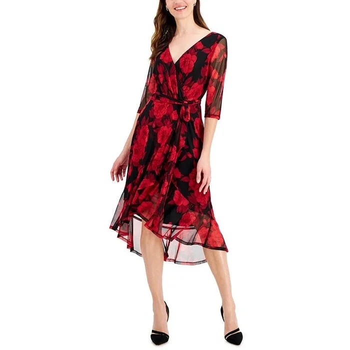 Connected Women's Floral Print Chiffon Faux Wrap Dress Red Size 4