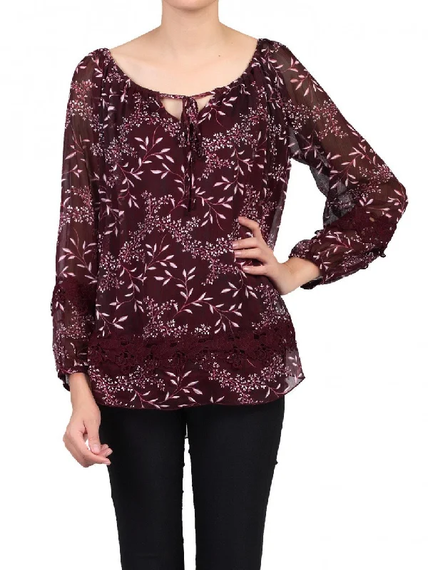 Crochet Lace Insert Blouse, Burgundy