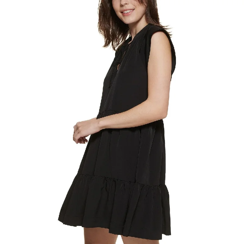 Dkny Women's Tie Neck Tiered Dress Black Size Medium