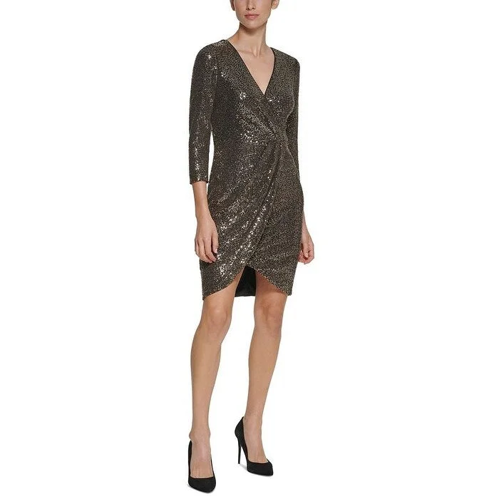 Eliza J Women's V Neck Metallic Sheath Dress Gray Size 6Petite - 6P