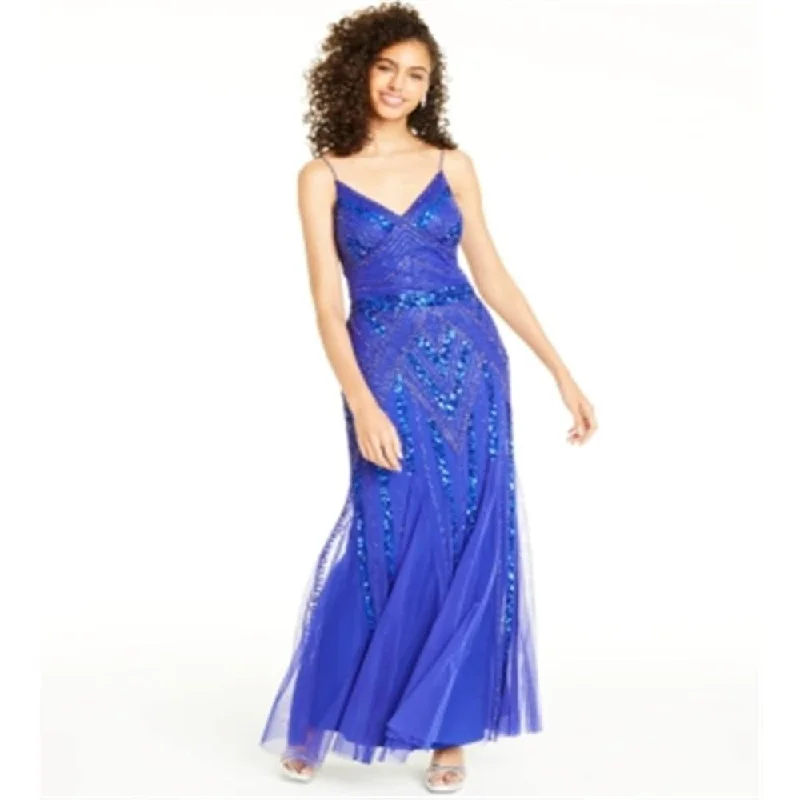 Jump Women's Beaded Sequined Spaghetti Strap V Neck Full Length Formal Sheath Dress Blue Size 9-10