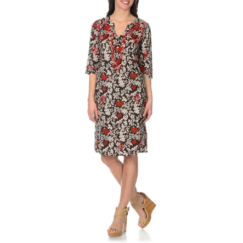 La Cera Women's Black/Red Embroidered Printed Dress