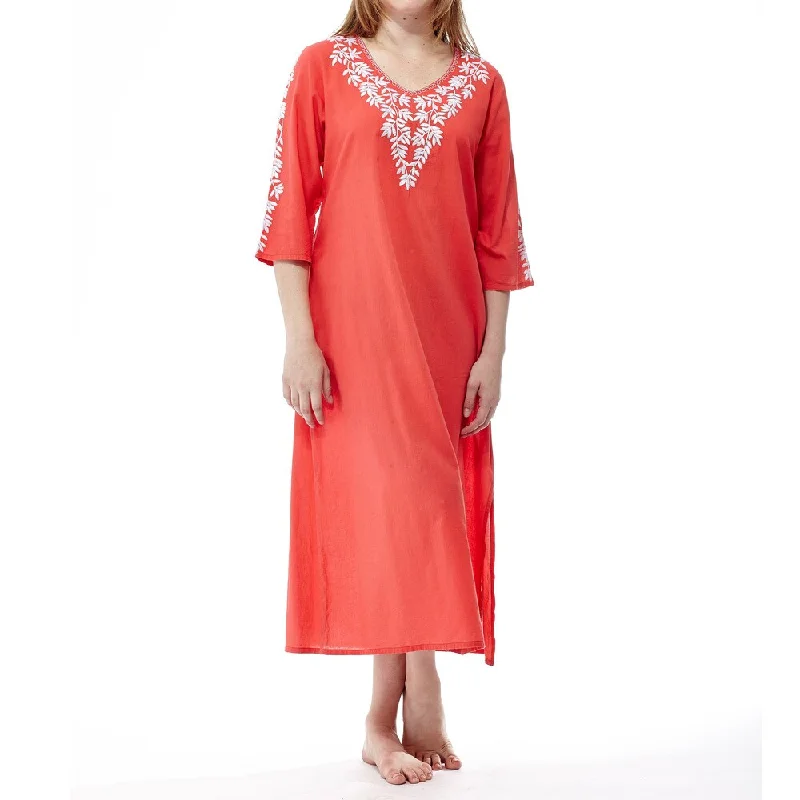 La Cera Women's Coral Cotton 3/4-sleeve Embroidered Caftan