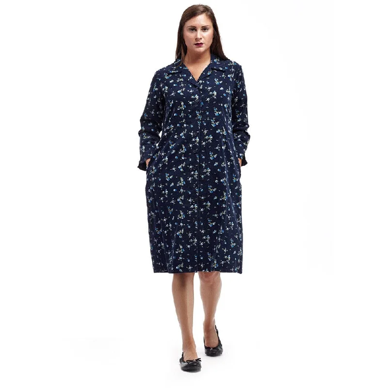 La Cera Women's Navy Cotton Button-front Corduroy Shirt Dress