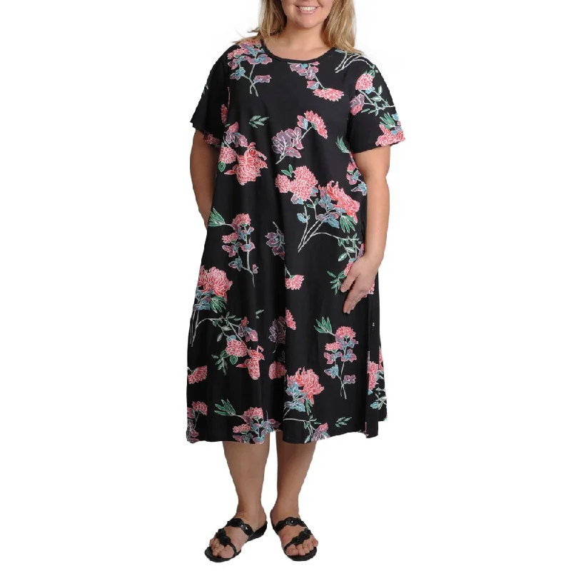 La Cera Women's Plus Size Black Floral Print A-line Dress