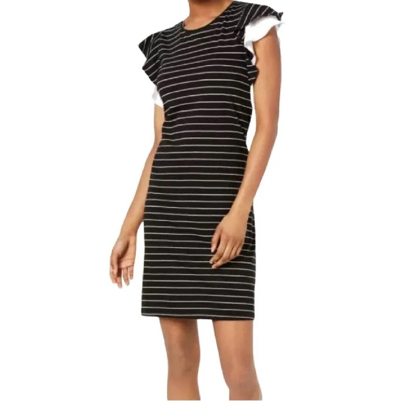 Maison Jules Women's Striped Ruffle Sleeve Dress Black Size Large