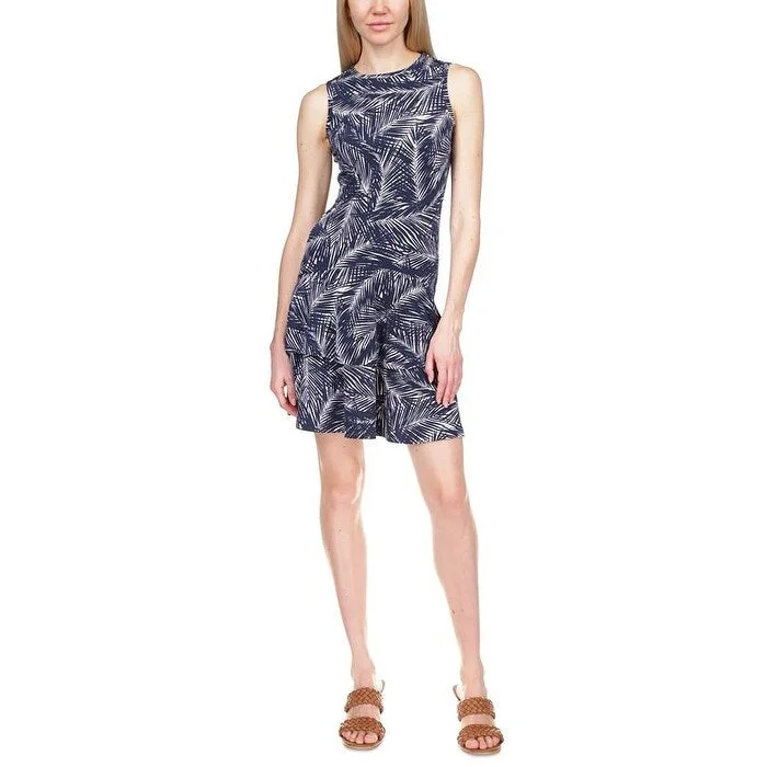 Michael Kors Women's Palm Print Sleeveless Flounce Dress Blue Size X-Small