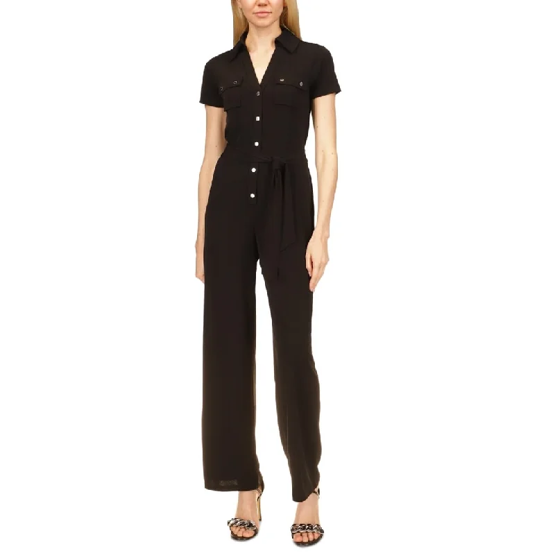 Michael Kors Women's Split Neck Button Jumpsuit Black Size Medium