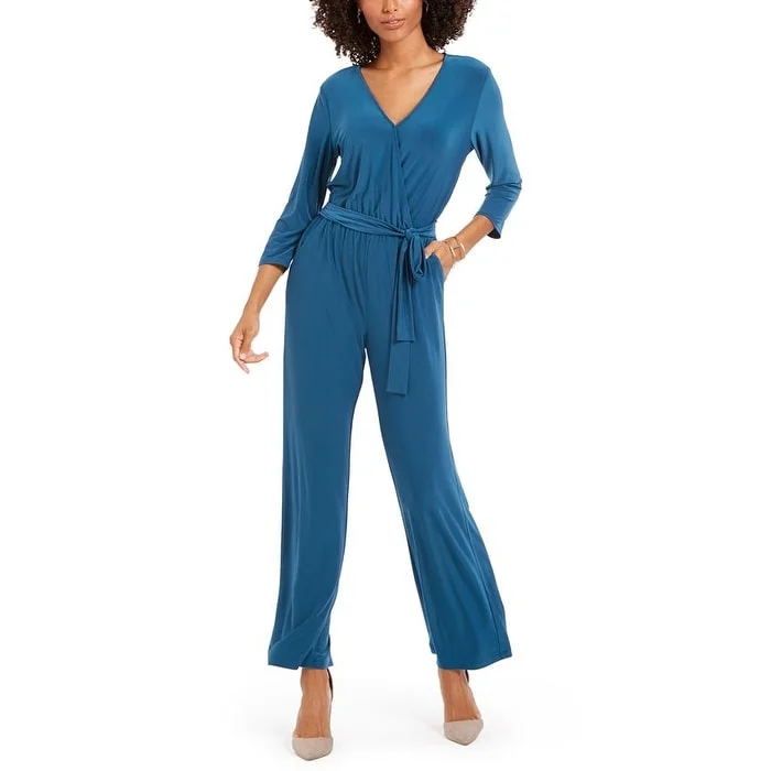 NY Collection Women's Surplice Neck Jumpsuit Blue Size Petite XL