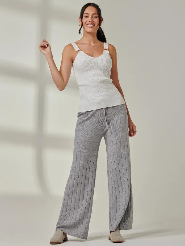 Ribbed Knit Wide Leg Trousers, Dove Heather