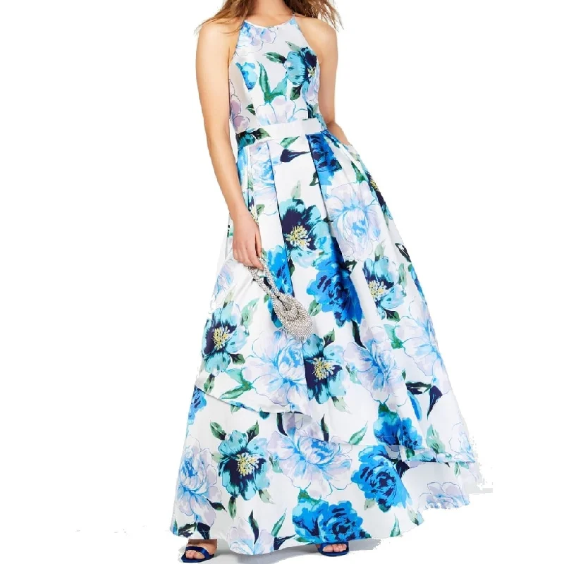 Speechless Women's a Line Floral Pleat Satin Halter Dress Blue Size 1