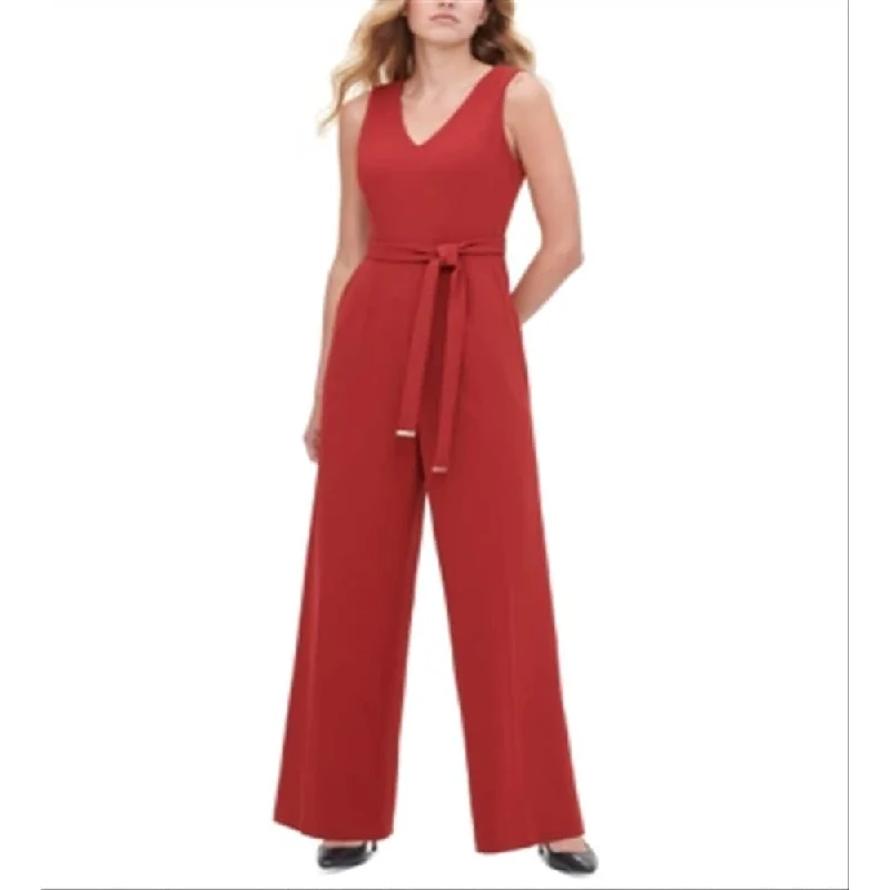 Tommy Hilfiger Women's Hickory V Neck Tie Waist Pocket Wide Leg Jumpsuit Red Size 10